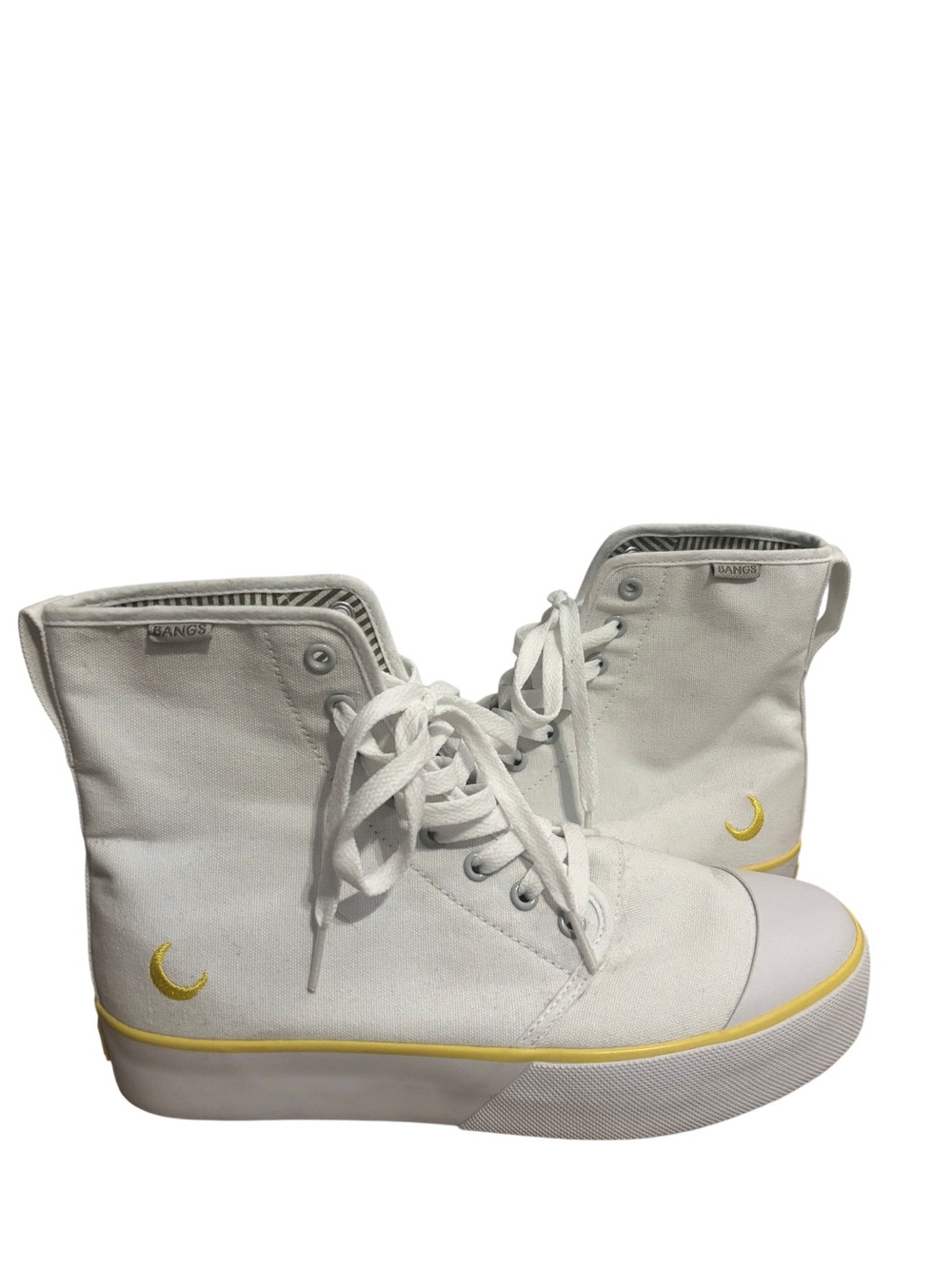 Vans White Canvas High-Top Sneakers with Yellow Crescent Detail